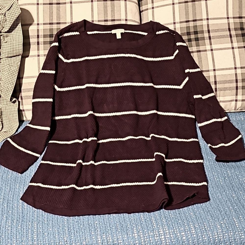 Talbots Plum and Cream Striped 3/4 Sleeve Sweater